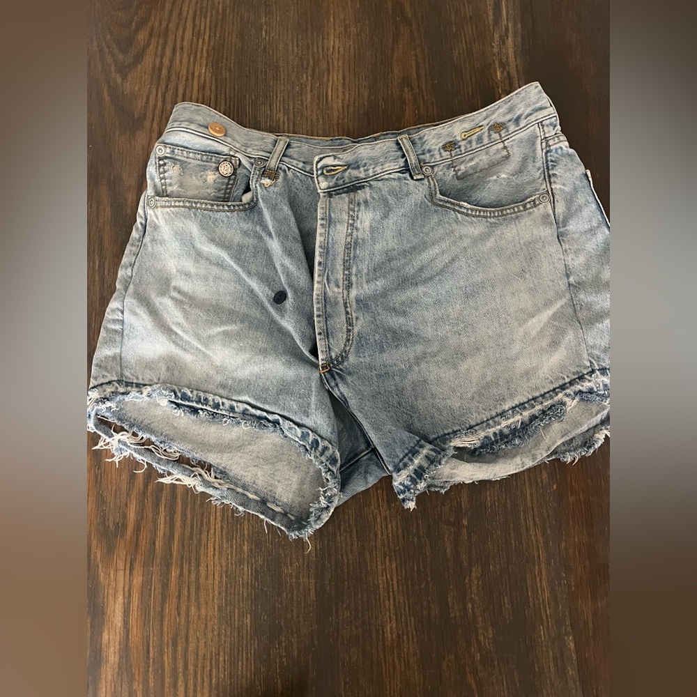 R13 crossover distressed light blue Denim shorts